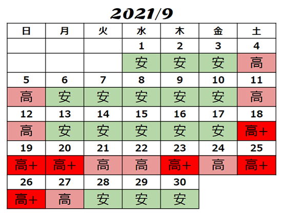 2021年9月USJチケット料金カレンダー