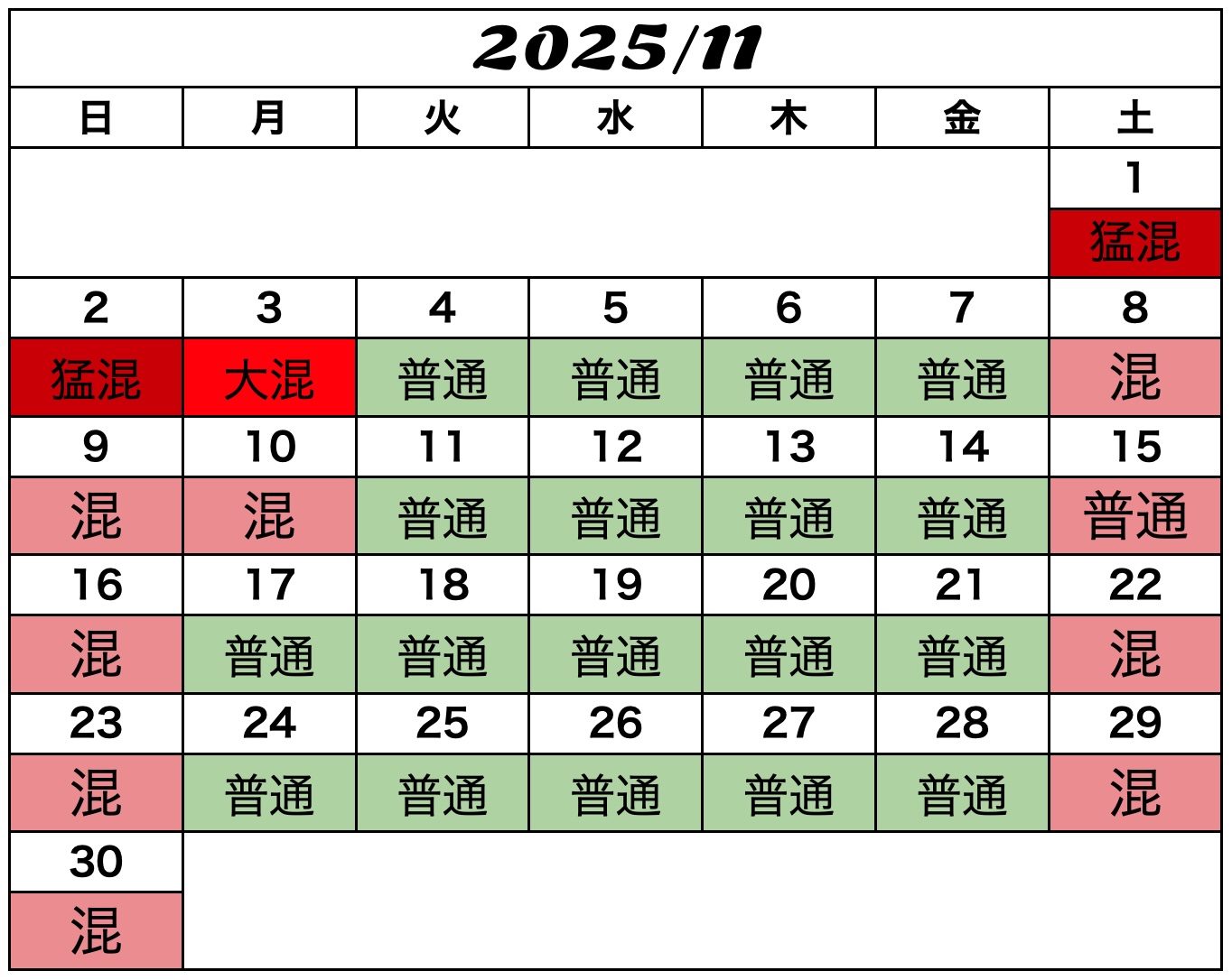 USJ混雑予想カレンダー2025年11月